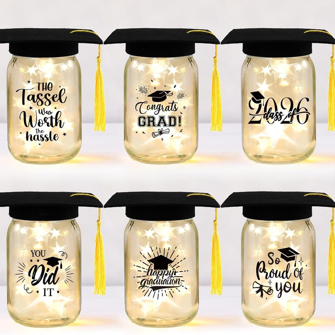 6 Sets 2026 Graduation Centerpieces for Tables, Mason Jar Centerpieces with Graduation Caps, Money Jars for College High School Congrats Grad Party Decor Supplies (Black)