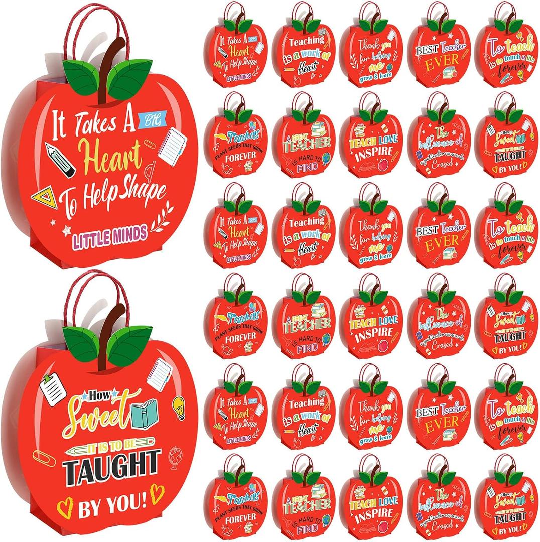 YooNotee 30 Pcs Back to School Teacher Appreciation Gift Bags Bulk Red Apple Gift Bags with Handle for Teacher Graduation School Exchange Supplies Employee Staff Team End of The Year Thank You Party