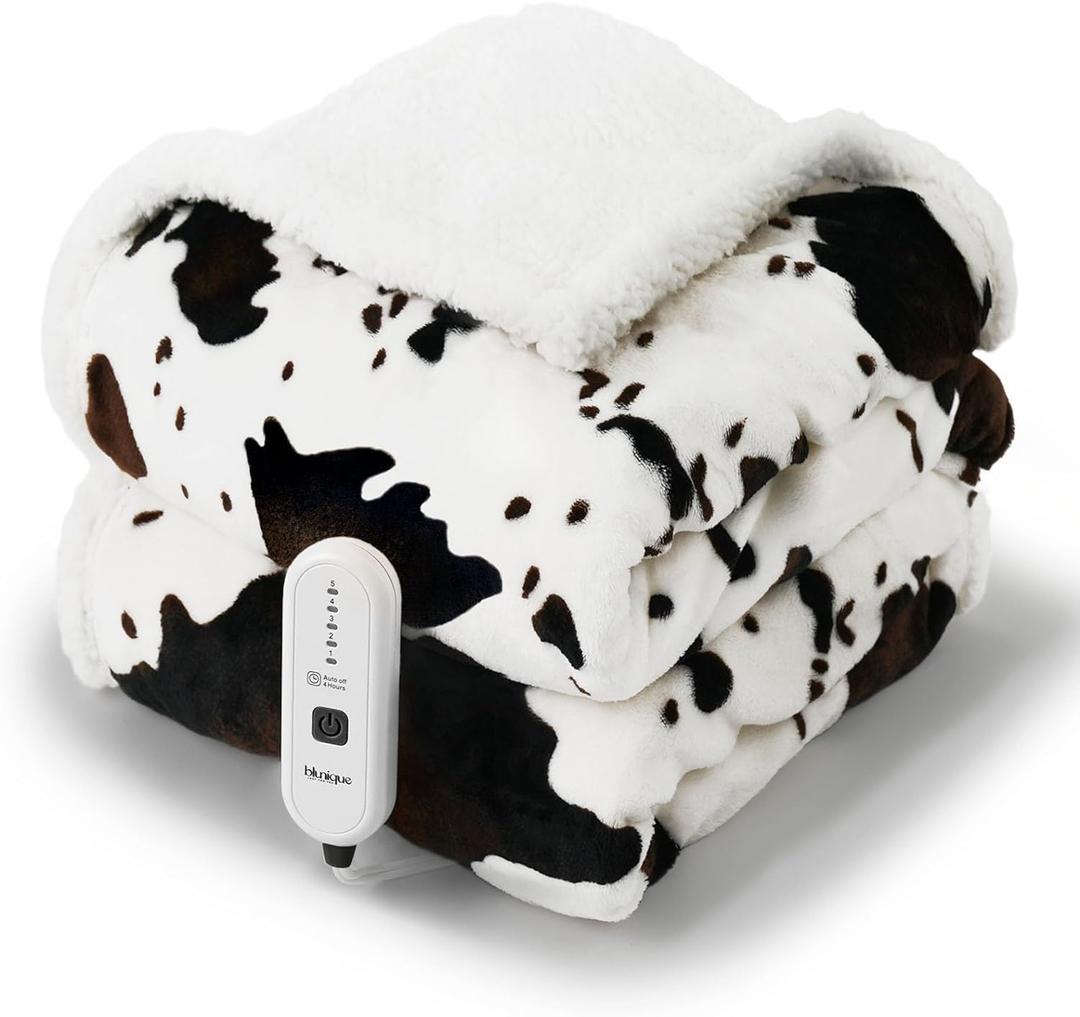 Cow Print Heated Throw Blanket Electric Blanket-Heating Blanket Throw with 5 Heat Levels & 4 Hours Auto-Off, Cozy Soft Fleece Sherpa, Washable, 50 x 60 Inches