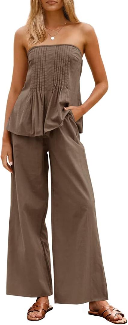Tankaneo Womens 2 Piece Outfits Summer Strapless Tube Tops Wide Leg Pants Cotton Vacation Pleated Matching Lounge Set
