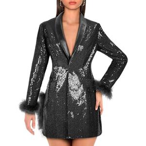 Women Sequin Jacket Long Sleeved Slim Blazer with Pocket, L, Black