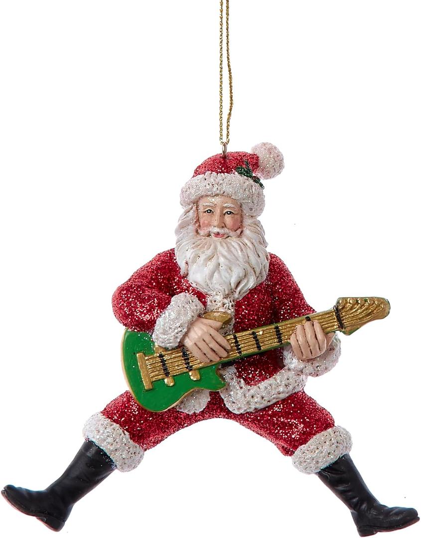Kurt Adler Santa with Green Guitar Ornament, 4.5, Red