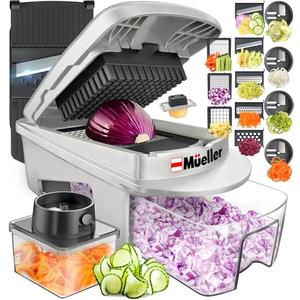 Mueller Pro-Series All-in-One, 12 Blade Mandoline Slicer for Kitchen, Food Chopper, Vegetable Slicer and Spiralizer, Cutter, Dicer, Grater, Kitchen Gadgets Sets with Container, White Sand/Gray