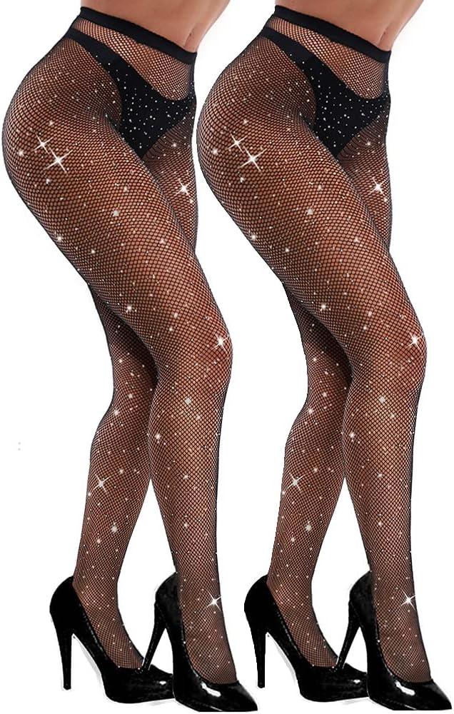 VEBZIN Sexy Sparkly Fishnets Stockings Jeweled High Waist Fishnet Tights for Women Rhinestone Party Pantyhose (2 Pack Black No Holes), One Size
