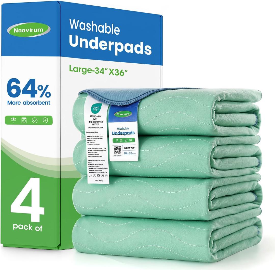 Noovirum Washable Underpads,34"x36" (Pack of 4) - Heavy Absorbency Incontinence Bed Pads for Adults, Kids & Pets - Waterproof Reusable Protective Pad for Bed, Sofa, Furniture & Floor