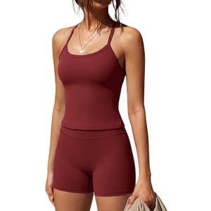 SUUKSESS Women 2 Piece Workout Sets High Waisted Tummy Control Biker Shorts Halter Padded Tank Tops (Red, S)