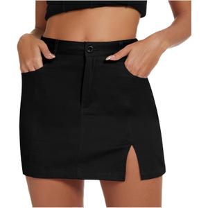 American Trends Women Mini Skirt with Slit High Waist Mini Denim Skirt Causal Bodycon Short Jean Skirts with Pockets (Medium, Black)