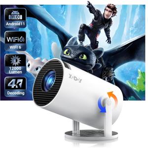 Smart Mini Projector WiFi6 Bluetooth 5.0 XGODY Gimbal 3 Protable Projector 12000L Support 4K with Android TV 11.0, Auto Keystone Correction Video Projector, 180Rotatable Stand for Home MovieWhite