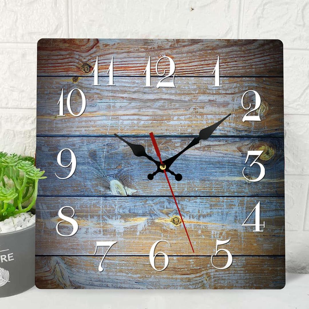 ArtSocket Wooden Wall Clock Silent Non-Ticking, Brown Blue Wood Grain Crack Retro Contemporary Wooden Square Rustic Wall Clocks Decor for Home Kitchen Living Room Office, Battery Operated(12 Inch) (Modern Vintage Style19)