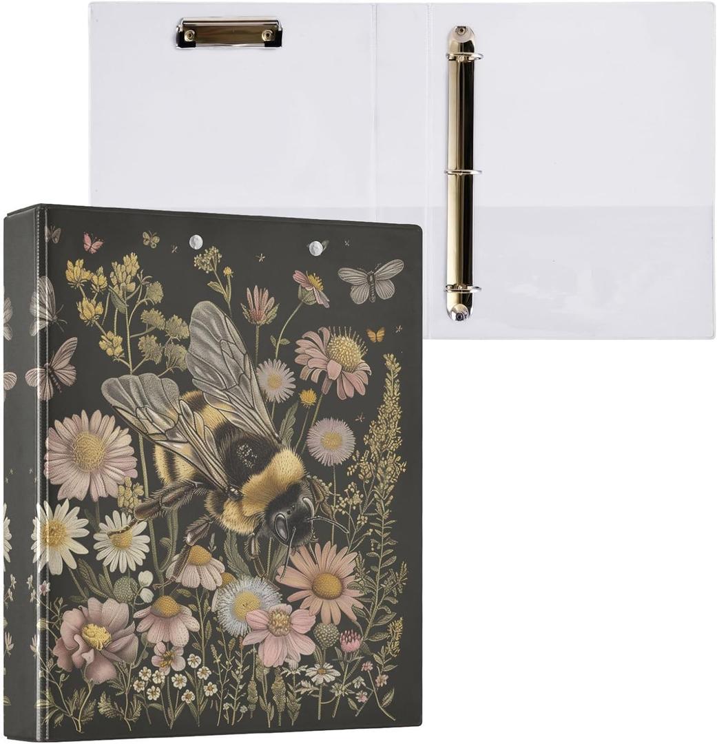 3 Ring Binder 1.5 Inch Bee Wildflowers Three Ring Binder Cute Binder with 3 Storage Pockets for Women School Office Supplies