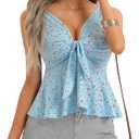 HUHOT Women's Floral Ruffle Top Tie Front Sleeveless V Neck Adjustable Spaghetti Strap Cami (Blue, S)