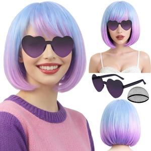 PLULON Blue Purple Ombre Bob Wig with Bangs, Colorful Short Funny Bob Wigs with Heart Sunglasses Hair Cap Cosplay Hairpieces for Halloween Costume Party Heat Temperature Synthetic Fiber for Women Men