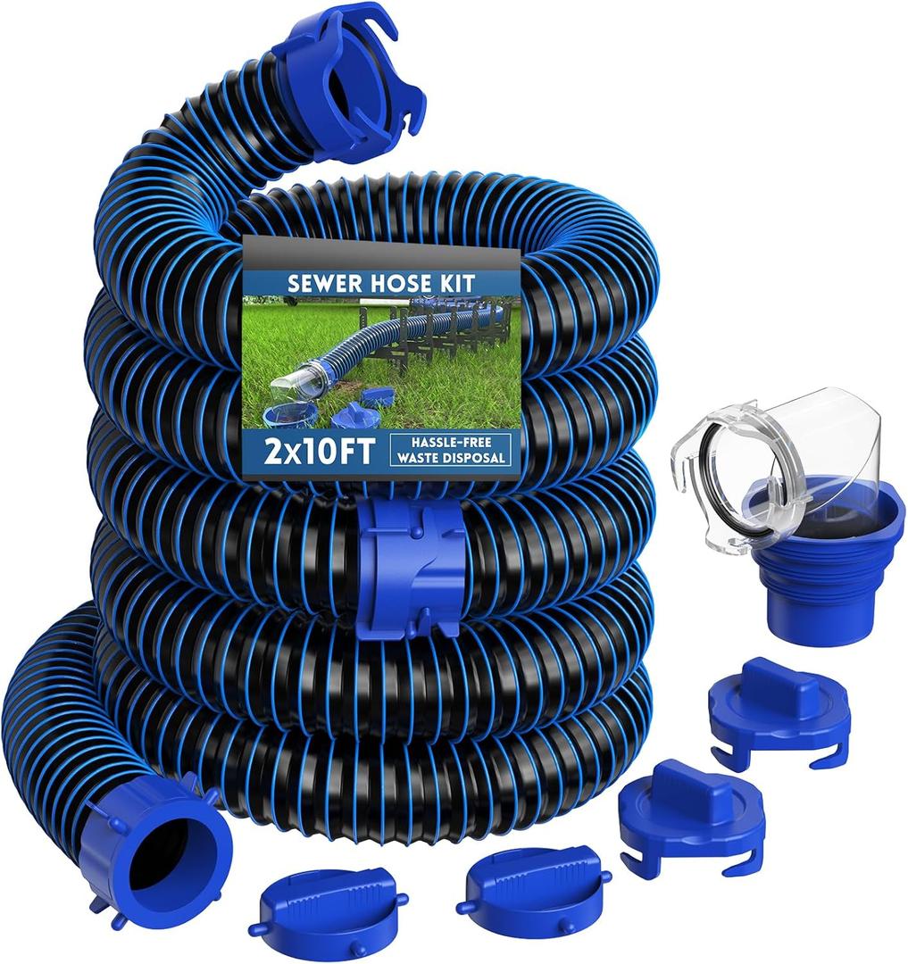 DUMPMAN 20 FT RV Sewer Hose Kit, Sewer Hose for RV Camper - Includes 2 Attachable 10 ft Sewer Hose with Swivel Fitting, 90 Degree Clear View Sewer Adapter, and 4 Storage Caps