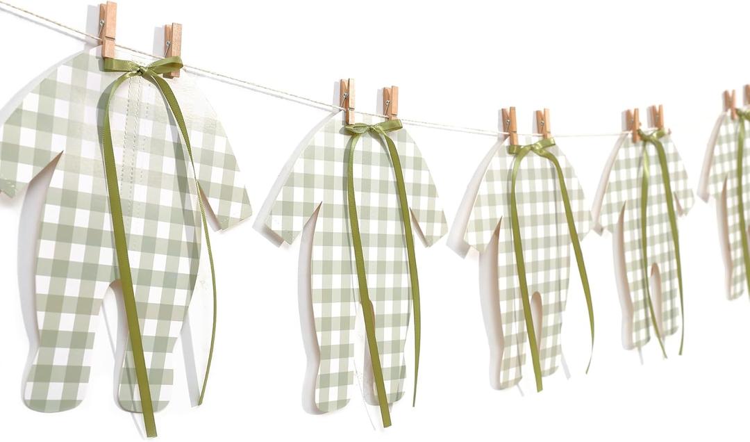 Green Gingham Baby Onesie Garland – 8 PCS Big Size Neutral Baby Shower Banner, Baby Clothesline Garland, Green Plaid Baby Bodysuit Cutouts for Gender Neutral Baby Shower or Nursery Decor