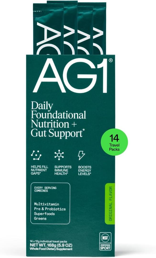 AG1 Athletic Greens Powder Supplement, Improve Gut Health, Multivitamin, Probiotic, Gluten Free, Vegan and Keto Friendly, 75 Vitamins (Travel Packs, 14 Count) - Classic Formula