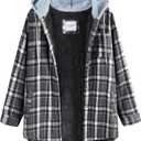 Women's Plaid Flannel Plaid Shacket Button Up Hooded Long Sleeve Fleece Jacket Winter Coat with Side Pockets (X-Large, Grey)