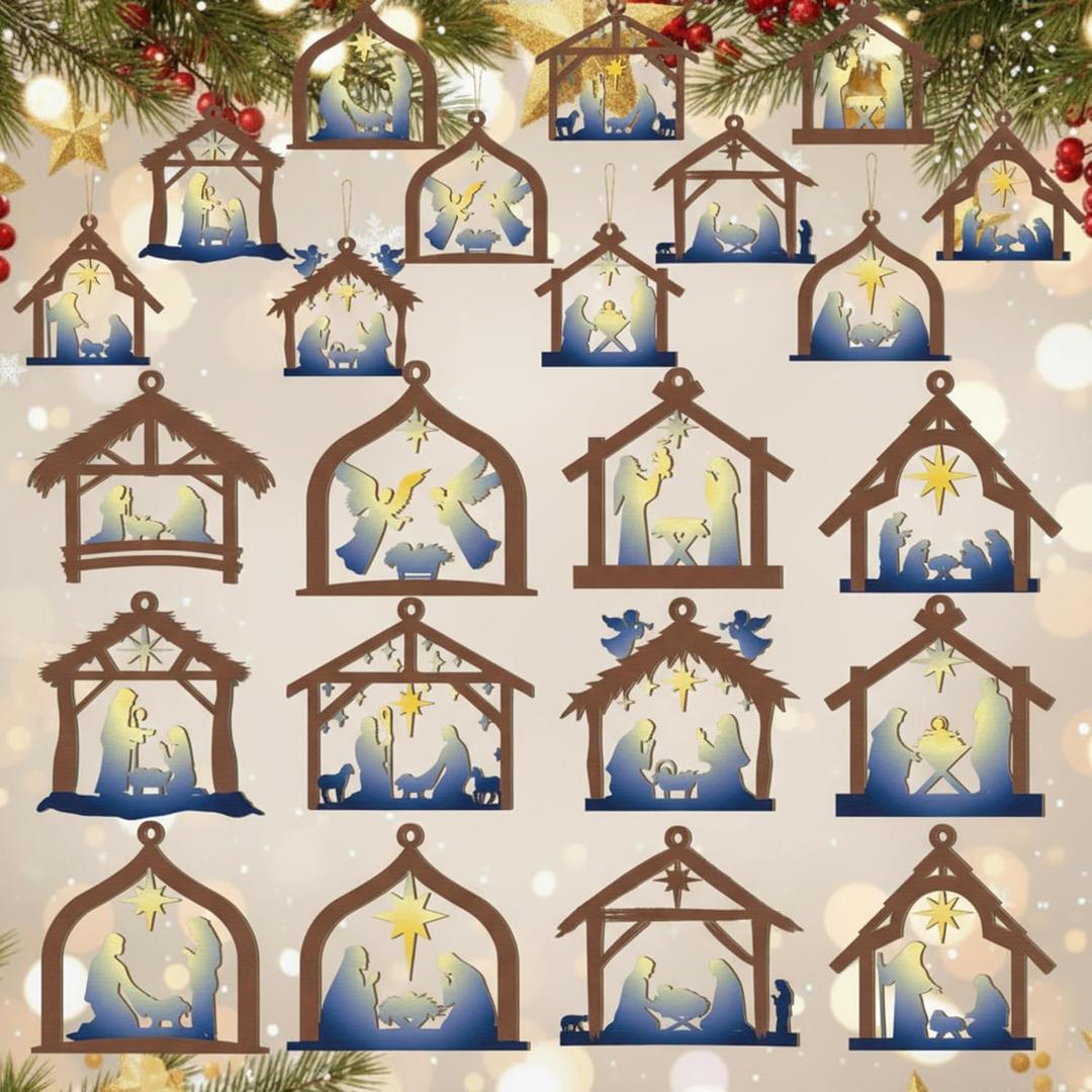 Qunclay 36 Pcs Christmas Nativity Scene Ornaments Wooden Religious Christmas Tree Decorations Birth of Jesus Christian House Xmas Wood Hanging Ornaments for Tree Home Window Xmas Gift(Blue,Classic)