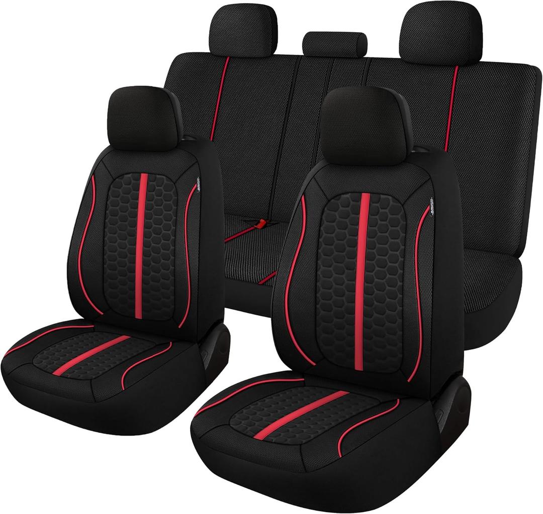 Breathable Premium Car Seat Covers Full Set3D Air-Mesh Seat Covers for CarsComfortable Safety Airbag CompatibleUniversal for Most Cars Sedan Truck SUV(Black/Red)