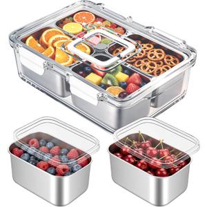 Freshmage Snackle Box Container, Stainless Steel Divided Serving Snack Tray with Lid and Handle, 4 Compartment Portable Snack Platters for Road Trip, Beach, Picnic, Ball Games, Pool and Parties