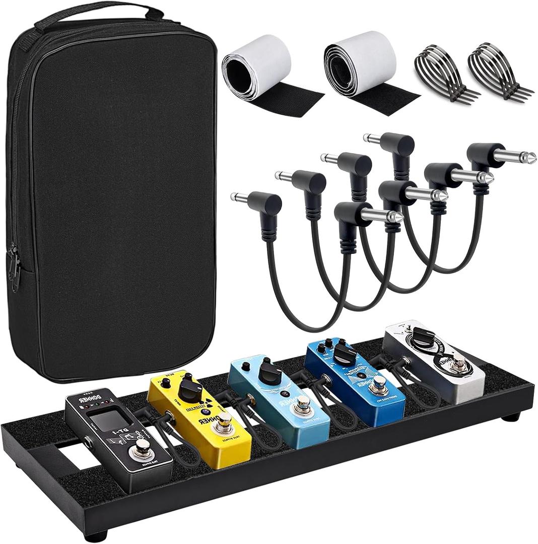 Small Guitar Pedal Board, 15x5.7x1.18", Aluminum Alloy Black Effects Mini Pedal Board with 4 Pcs 6 Inch Guitar Pedal Cable, Carrying Bag, Adhesive Hookside Tape