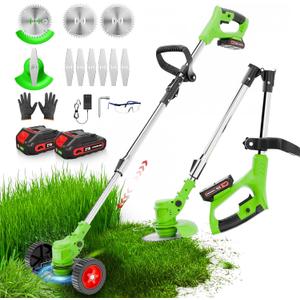 Electric Weed Wacker, Cordless Weed Eater Lightweight Grass Trimmer – 2x2.0Ah Batteries, 60-120 Min Runtime, 2 Types of Blades + Wheels for Garden & Yard Lawn