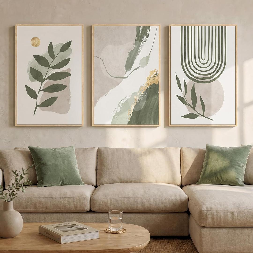 Large Framed Abstract Boho Sage Green Wall Art for Living Room, 24x36 Inch, 36" H x 24" W x 3Pcs