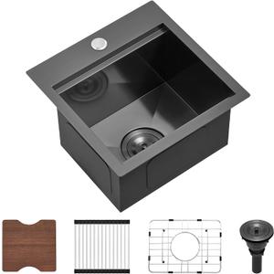 15 Black Drop In Workstation Bar Sink, Scamall 15x15x9 Black Stainless Steel Small Kitchen Sink 16 Gauge Deep Single Bowl Sink Bar Laundry Sink RV, Include Accessories