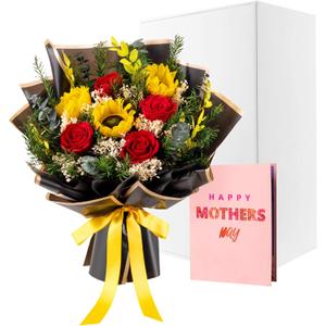Magic Ants Preserved Flower Bouquet Red Roses Sunflowers Forever - Pop Up Card for Mom Wife Daughter - Mothers Day Birthday Anniversary Valentine Gift - No Water No Wilt Wrapped Ready
