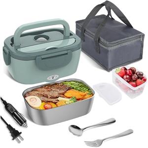 Vabaso Electric Lunch Box for Adults, 80W Heated Lunch Box Portable Food Warmer Lunch Box for Work/Men/Car/Truck with 1.5L 304 Stainless Steel Container Fork & Spoon, 110V/12V/24V, Light Green