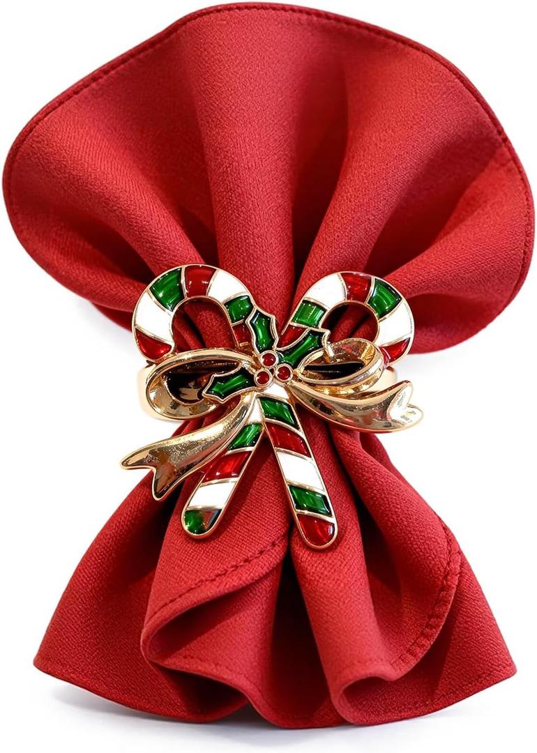 Alloy Candy Cane Bow Napkin Rings (4-Set Pack) - Dinner Napkin Holder & Festive Tabletop Topper for Holiday Table Decor