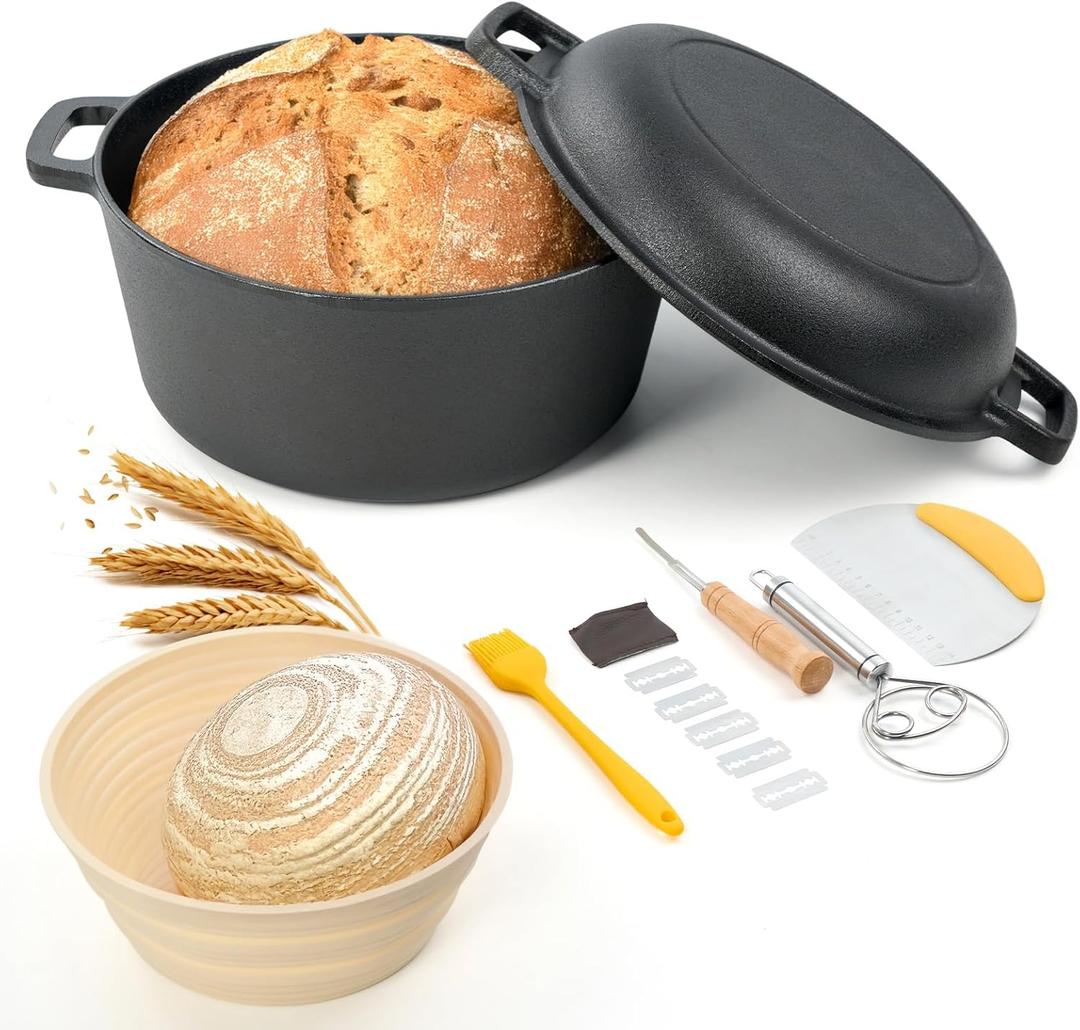 6.5QT Pre-Seasoned Cast Iron Dutch Oven for Bread Baking with Sourdough Bread Baking Supplies, Cast Iron Skillets with Dual Handles Indoor Outdoor for Frying, Baking, Camping, BBQ