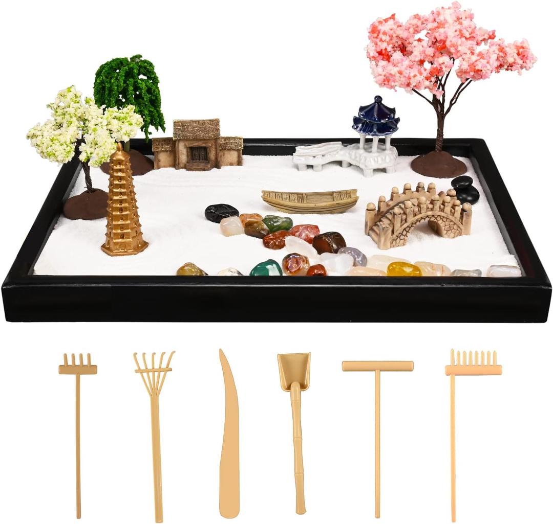 Yoquare Mini Zen Garden, White Sand, 10" x 7" Rectangular Plastic Tray with Meditation Accessories