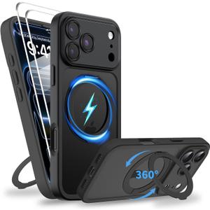 Magnetic for iPhone 17 Pro Max Case 2 x Screen Protector Compatible with MagSafe Translucent Matte Military Grade 17 FT Drop Shockproof Full Camera Protection 360 Spin Stand Phone Cover Black