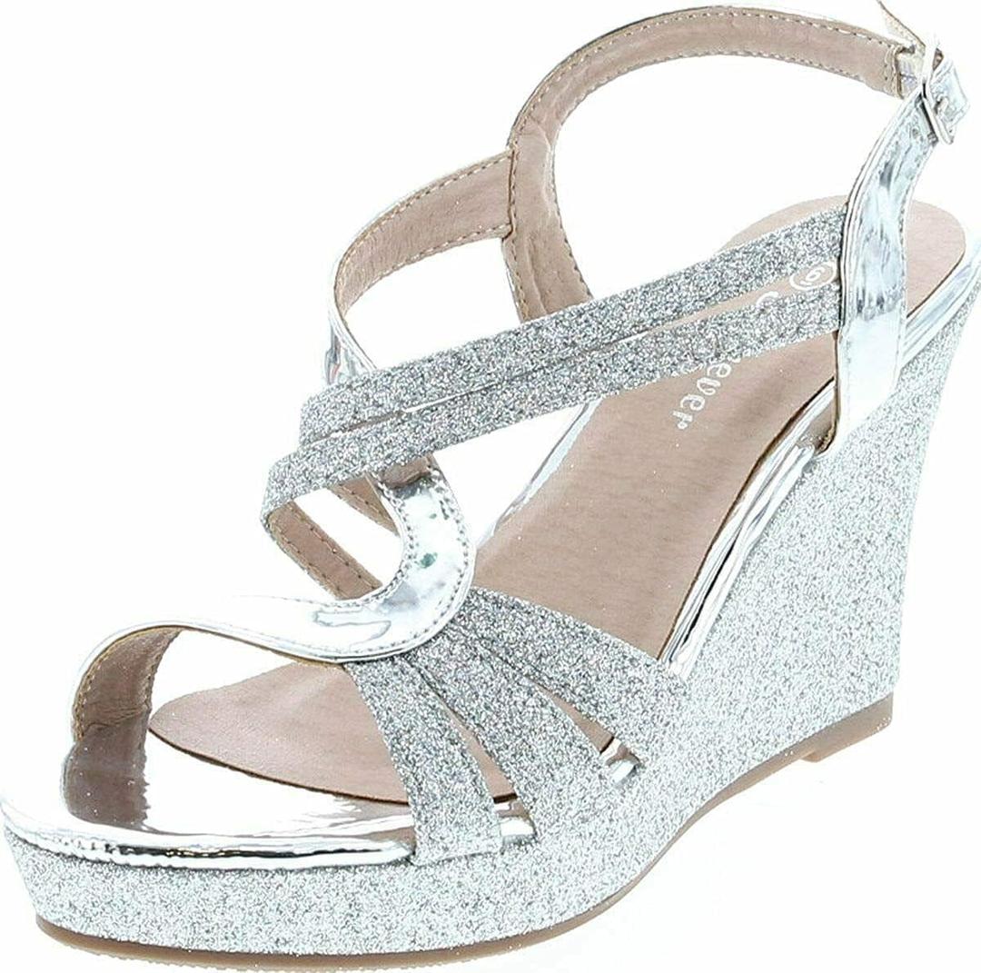 Forever FQ22 Women's Glitter Strappy Wrapped Wedge Heel Platform Sandals, Silver Glitter, 7.5