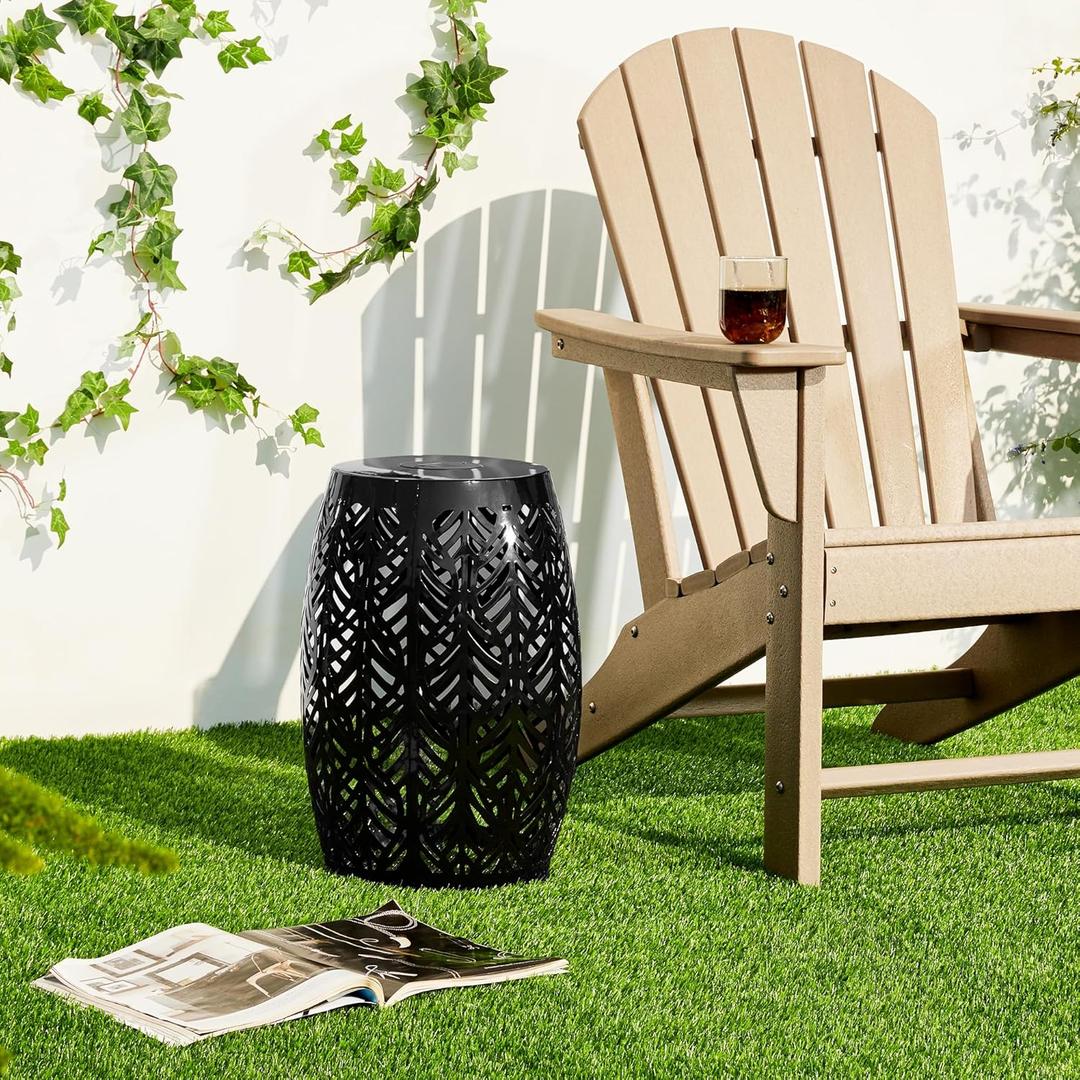 Glitzhome 18.25" H Iron Side Table with Solar Powered Light,Outdoor Cutout Drum Garden Stool Solar Lanterns,Decorative Metal Accent Table End Table Plant Stand for Indoor Outdoor,Black (Black)