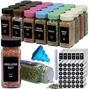 MISTGLAS Spice Jars with Labels - 24 Glass Spice with Shaker Lids & Airtight Plastic Caps - 4oz Complete Seasoning Containers Organizer Set for Cabinet, Drawer & Rack (Black)