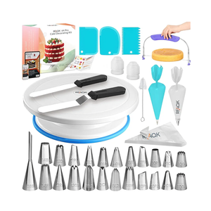 RFAQK 64 PCs Cake Decorating Kit for Beginners Includes Video Course, Booklet + Baking Supplies Gift - Cake Stand, Leveler, 24 Numbered Piping Tips, Straight & Offset Spatula, & Scraper sets