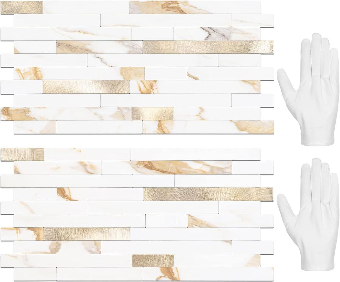 STICKGOO 20 Sheets Peel and Stick Backsplash Tile, Stick on Backsplash for Kitchen and Bathroom, Calacatta Gold Marble Look PVC Mixed Gold Self Adhesive Wall Tiles