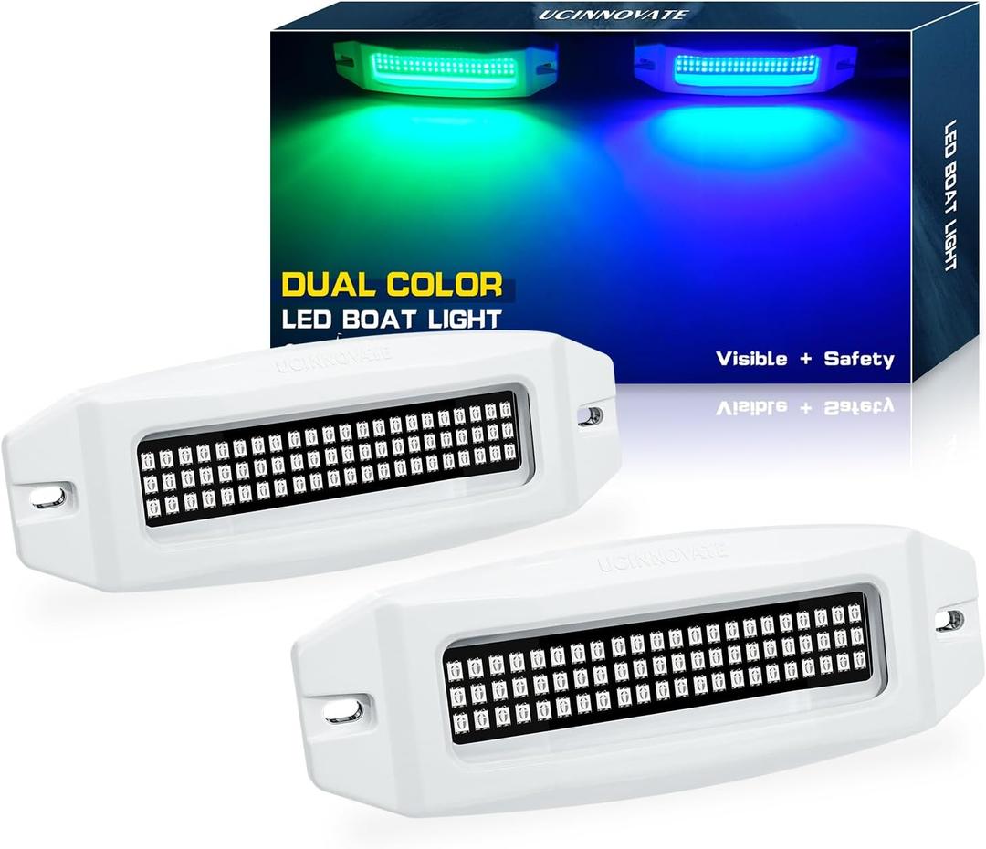 UCINNOVATE 2X 6.9 Marine LED Boat Lights, Dual Color Waterproof Transom & Underwater Lights for Yachts, Boats, Sailboats, Pontoons, Stern & Deck (Blue/Green, 12-36V, IP68)
