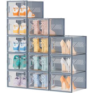 Shoe Storage, 12 Pack X-Large Shoe Organizer for Closet, Shoe Boxes Clear Plastic Stackable Shoe Storage Boxes for Size 13 (Grey)
