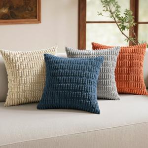 MIULEE Pack of 4 Boho Farmhouse Blue and Orange Corduroy Decorative Throw Pillow Covers 18x18 Inch Modern Retro Soft Striped Pillow Covers Home Decor for Sofa Living Room Couch Bed