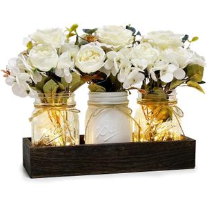 Mason Jar Centerpiece Table Decor for Dining Room Farmhouse Coffee Table Decor with Wood Tray Fairy Lights Fake Flowers for Valentine's Day Kitchen Living Dining Room - Ivory White, 11 inches