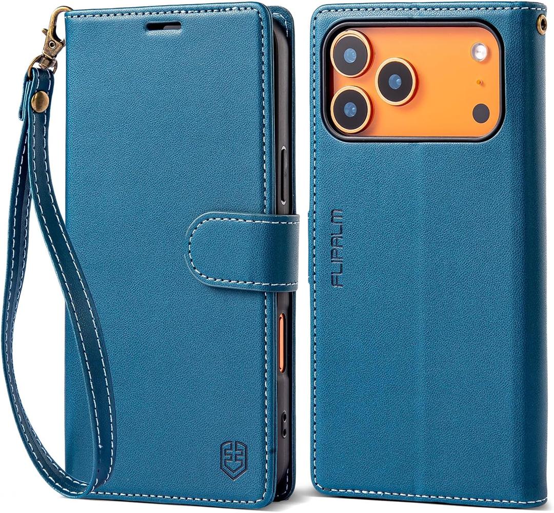 Wallet Case for iPhone 17 Series with Wrist Strap - PU Leather Folio Flip with Credit Card Holder & Kickstand, Protective Cover (Blue, for iPhone 17 Pro)