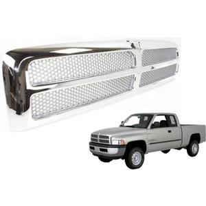 Front Grille Assembly Compatible With Dodge Ram 1500 Grill 1994-2002 / Ram 2500 3500 1994-2001 With Chrome Frame Shell With Chrome Honeycomb Mesh Insert (Except Sport Package)