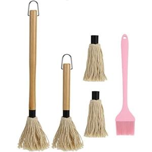 2 Pack BBQ Mop Brushes, Grill Basting Mop Wooden Long Handle with 2 Extra Replacement Heads for Barbecue Grilling Smoking Steak 11 + 18 Inch