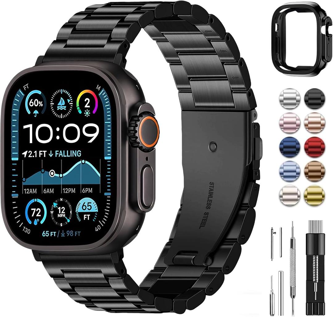 Fullmosa Metal Band Compatible with Apple Watch Bands Ultra3 2 1 49mm, Stainless Steel Strap iWatch Band with Case for Apple Watch, Black