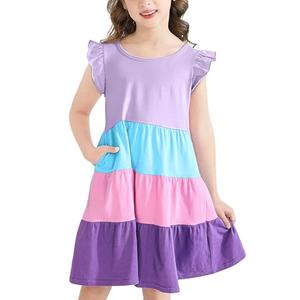 Poroka Girls Ruffle Sleeve Dress Tiered Swing A-Line Short-Sleeve Dresses Kids Midi Casual Summer Sundress with Pockets Lilac 2T