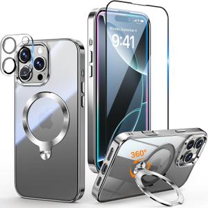 [Tri-Shield Protection] for iPhone 16 Pro Max Case with 360 Spin Stand Compatible with MagSafe [Magnetic CD Ring][Screen & Camera Protector]Shockproof Plating Never-Yellowing, Natural Titanium-6.9"