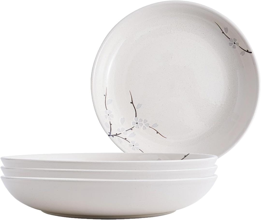 9"" Ceramic Pasta Bowls Salad Bowls Large Ceramic Serving Bowls for Soup, Dessert, Shallow Bowls Plates for Dinner (4Pack, White Sakura)