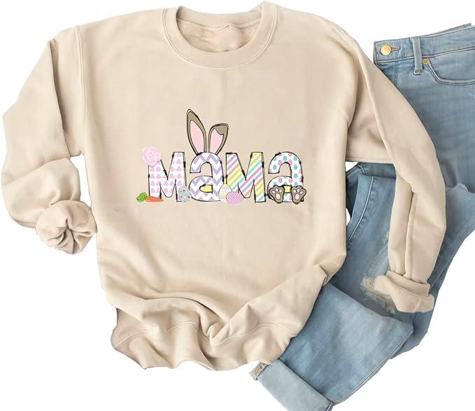 Ykomow Happy Easter Sweatshirt Women Long Sleeve Cute Bunny Rabbit Graphic Tees Pullover (2XL, Cream-2)
